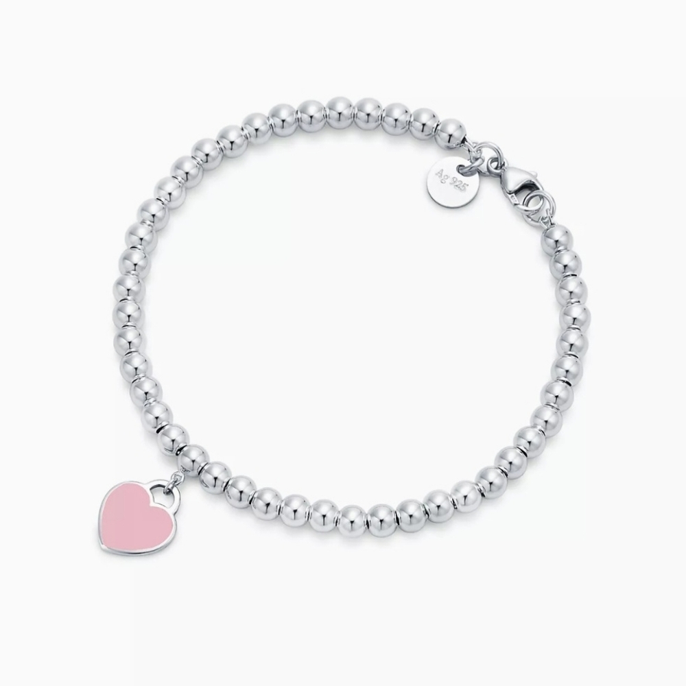 TIFFANY Pink Heart Tag Bead Bracelet in Silver, 4mm 💗